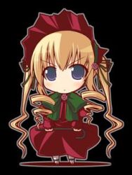Rule 34 | 00s, blonde hair, blue eyes, bonnet, bow, cane, chibi, crazy developers, curly hair, flower, hair ribbon, lowres, qvga, ribbon, rozen maiden, shinku, solo, twintails