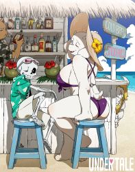 Rule 34 | 1girl, 3boys, alcohol, animal ears, asgore dreemurr, ass, bar (place), barefoot, beach, beard, bikini, black eyes, blonde hair, blue sky, board, bone, bottle, breasts, burgerpants, chair, cigarette, cleavage, cloud, cloudy sky, coconut, copyright name, crying, day, english text, eyebrows, facial hair, fang, flower, furry, furry female, game, glasses, glasses on head, goat, goat boy, goat ears, goat horns, goat tail, hair flower, hair ornament, hat, hawaiian shirt, highres, horns, kamezaemon, large breasts, leaf, long ears, looking at another, mature female, multiple boys, ocean, one eye closed, outdoors, purple bikini, queen, red flower, rocket launcher, rpg (weapon), sad, sans (undertale), shelf, shirt, shorts, sitting, size difference, skeleton, sky, smile, straw, straw hat, sun hat, swimsuit, toby fox, toriel, undertale, water, weapon, white eyes, white horns, yellow beard, yellow eyebrowns, yellow flower