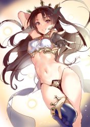 Rule 34 | 1girl, arm behind head, arm up, armlet, asymmetrical legwear, bad id, bad twitter id, bare arms, bare legs, bare shoulders, black gloves, black hair, black panties, black ribbon, blue thighhighs, blush, breasts, brown hair, crown, earrings, elbow gloves, eyebrows, fate/grand order, fate (series), female focus, fingerless gloves, gem, gloves, grin, hair ribbon, highres, hoop earrings, ishtar (fate), jewelry, legs, long hair, looking at viewer, midriff, navel, neck ring, outstretched arm, outstretched hand, panties, red eyes, revealing clothes, ribbon, single elbow glove, single glove, single thighhigh, small breasts, smile, solo, thighhighs, thighlet, tohsaka rin, two side up, type-moon, underwear, uneven legwear, wavy hair, yuran