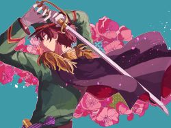Rule 34 | 10s, 1boy, alternate costume, bad id, bad pixiv id, blue background, brown eyes, brown hair, capelet, ensemble stars!, epaulettes, flower, from behind, gloves, holding, holding weapon, male focus, military, military uniform, morisawa chiaki, ruhhhhhu, simple background, solo, sword, uniform, weapon, white gloves