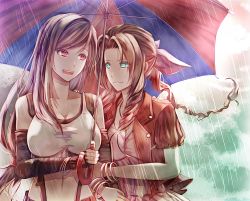 Rule 34 | 2girls, :d, aerith gainsborough, aqua eyes, arm hug, black sports bra, breasts, cleavage, closed mouth, collarbone, crop top, cropped jacket, dress, earrings, elbow gloves, facing viewer, final fantasy, final fantasy vii, final fantasy vii remake, gloves, hair ribbon, highres, holding, holding umbrella, jacket, jewelry, large breasts, long hair, looking at another, low-tied long hair, midriff, mirrorclew, multicolored umbrella, multiple girls, open mouth, parted bangs, pink dress, rain, red eyes, red jacket, ribbon, skirt, smile, sports bra, square enix, suspender skirt, suspenders, tank top, tifa lockhart, umbrella, upper body, white tank top, yuri