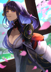 Rule 34 | 1girl, absurdres, armor, blue sky, breasts, cleavage, cloud, falling petals, genshin impact, hair ornament, highres, japanese clothes, kimono, lips, nekotokage, obi, petals, pink petals, purple eyes, purple hair, purple kimono, raiden shogun, sash, shoulder armor, sky, solo, tassel, tree