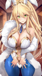 Rule 34 | 1girl, ahoge, animal ears, artoria pendragon (all), artoria pendragon (fate), artoria pendragon (swimsuit ruler) (fate), bare shoulders, blonde hair, blue necktie, blue pantyhose, blush, braid, breasts, cleavage, clothing cutout, detached collar, fake animal ears, fate/grand order, fate (series), feather boa, fishnet pantyhose, fishnets, french braid, gluteal fold, green eyes, hair between eyes, highleg, highleg leotard, highres, large breasts, leotard, long hair, looking at viewer, navel, navel cutout, necktie, open mouth, pantyhose, playboy bunny, ponytail, rabbit ears, sidelocks, smile, solo, tiara, untue, white leotard, wrist cuffs