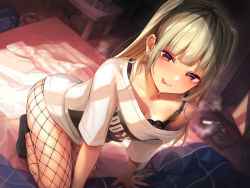 Rule 34 | 1girl, all fours, bare shoulders, bed, black bra, black socks, blanket, bra, breasts, closed mouth, ear piercing, earrings, fishnet socks, fishnets, heavy breathing, highres, indoors, jewelry, maeshimashi, nail polish, naughty face, no pants, off shoulder, on bed, original, pantyhose, piercing, red eyes, red nails, shirt, short sleeves, skindentation, small breasts, smile, socks, solo, tongue, tongue out, two side up, underwear, white hair, white shirt