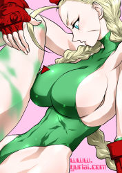 Rule 34 | 1990s (style), 1girl, ahoge, beret, blonde hair, blue eyes, bodypaint, braid, breasts, cammy white, capcom, fingerless gloves, gloves, green leotard, halterneck, hat, highleg, highleg leotard, highres, huge ahoge, huge breasts, large breasts, hugging own legs, leotard, long hair, scar, sideboob, sitting, narrow waist, solo, street fighter, street fighter ii (series), stretching, surprised, thighs, thong leotard, toned, twin braids, yuri ai