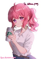 Rule 34 | 1girl, ahoge, bad id, bad pixiv id, blue pants, breasts, closed mouth, coffee cup, collared shirt, cup, disposable cup, dress shirt, drinking straw, hair between eyes, highres, holding, holding cup, menna (0012), neck tattoo, original, pants, pink hair, ponytail, purple eyes, shirt, short sleeves, simple background, small breasts, solo, starbucks, starbucks siren, tattoo, twitter username, white background, white shirt