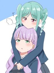 Rule 34 | 2girls, blue jacket, blush, braid, commentary, corrupted twitter file, dress, green eyes, green hair, grey dress, highres, hug, hug from behind, jacket, long hair, long sleeves, looking at another, love live!, love live! superstar!!, matcha moti (matcha 427), multiple girls, onitsuka tomari, open mouth, purple hair, red eyes, school uniform, simple background, sweatdrop, symbol-only commentary, twin braids, twintails, wien margarete, yuigaoka school uniform