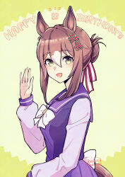 1girl animal_ears blush bow bowtie breasts brown_hair clover_hair_ornament fine_motion_(umamusume) hair_bun hair_ornament hand_up happy_birthday hi_(ibisf5umauma) highres horse_ears horse_girl horse_tail long_sleeves looking_at_viewer looking_to_the_side open_mouth purple_shirt purple_skirt sailor_collar school_uniform shirt short_hair skirt small_breasts smile solo tail tracen_school_uniform twitter_username umamusume upper_body waving yellow_eyes