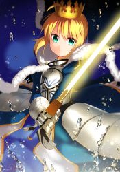 Rule 34 | 1girl, ahoge, armor, armored dress, artoria pendragon (fate), bad id, bad pixiv id, blonde hair, cape, crown, excalibur (fate/stay night), fate/grand order, fate (series), gauntlets, glowing, glowing sword, glowing weapon, green eyes, highres, ichiren namiro, long hair, saber (fate), solo, water, weapon