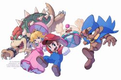 Rule 34 | 1girl, 4boys, :d, ^ ^, black eyes, blonde hair, blue cape, blue eyes, blue headwear, blue overalls, bowser, bracelet, brown footwear, brown hair, cape, claws, closed eyes, crown, doll joints, dress, earrings, elbow gloves, eyelashes, facial hair, geno (mario), gloves, hat, highres, holding, holding umbrella, horns, jewelry, joints, long dress, long hair, mallow (mario), mario, mario (series), multiple boys, mustache, nintendo, nostrils, open mouth, overalls, pink dress, pink footwear, pink lips, princess peach, puppet, red eyes, red headwear, sharp teeth, shell, shoes, short hair, simple background, smile, spiked bracelet, spikes, super mario rpg, tail, tanaka (is2 p), tears, teeth, umbrella, watermark, white background, white gloves