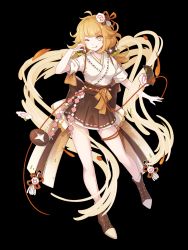 Rule 34 | 1girl, blush, clothing request, food fantasy, full body, highres, kyomono (hjxop), official art, one eye closed, orange hair, pale skin, second-party source, simple background, solo, thigh strap, thighs, traditional clothes, transparent background, twintails, udon (food fantasy), yellow eyes