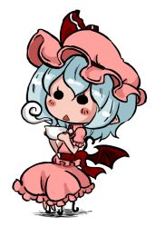 Rule 34 | 1girl, :&lt;, blue hair, blush stickers, chair, chibi, cup, female focus, full body, hat, pointy ears, remilia scarlet, ribbon, sitting, solo, sonson (eleven), touhou, white background, wings