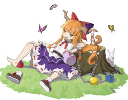 Rule 34 | 1girl, barefoot, belt, blunt bangs, blush, bow, bug, butterfly, chain, child, commentary request, cube, flat chest, footwear bow, full body, gourd, grass, hair bow, highres, holding, horn ornament, horn ribbon, horns, ibuki suika, insect, lemonpee123, looking at viewer, open mouth, orange hair, orb, pinup (style), purple butterfly, purple ribbon, purple skirt, pyramid (structure), red bow, ribbon, ribbon-trimmed skirt, ribbon trim, saliva, shirt, shoes, single shoe, sitting, skirt, sleeveless, sleeveless shirt, smile, socks, solo, squirrel, touhou, tree stump, white background, white shirt, wrist cuffs, yellow butterfly, yellow eyes