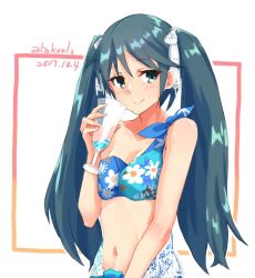 Rule 34 | 1girl, alakoala, aqua hair, artist name, bare shoulders, bikini, blue bikini, blue eyes, blush, breasts, cleavage, cup, dated, floral print, highres, holding, holding cup, isuzu (kancolle), kantai collection, long hair, looking at viewer, medium breasts, navel, single-shoulder bikini, smile, solo, swimsuit, twintails, upper body
