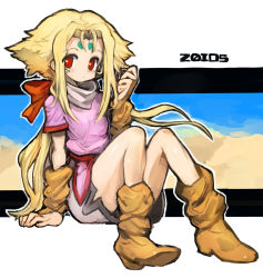 Rule 34 | 1girl, blonde hair, breasts, closed mouth, dakusuta, facial mark, fiona (zoids), forehead mark, hair ribbon, highres, long hair, looking at viewer, red eyes, ribbon, solo, zoids, zoids chaotic century