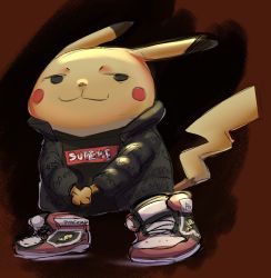 Rule 34 | ambiguous gender, blush stickers, clothed pokemon, creatures (company), down jacket, drip (meme), english text, game freak, gen 1 pokemon, half-closed eyes, jacket, meme, meme attire, nintendo, open clothes, open jacket, own hands together, pikachu, pokemon, pokemon (creature), shirt, shoes, sketch, smile, smug, sneakers, solo, spicy bardo, supreme (brand), two-tone background