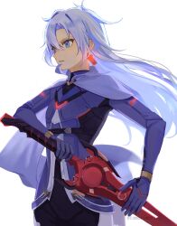 Rule 34 | 1girl, a (xenoblade), armored bodysuit, blue eyes, blue hair, core crystal (xenoblade), curtained hair, earrings, glowing, highres, holding, holding sword, holding weapon, jewelry, long hair, parted lips, simple background, solo, standing, sword, tomorimoriri, weapon, white background, xenoblade chronicles (series), xenoblade chronicles 3, xenoblade chronicles 3: future redeemed