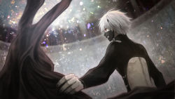 Rule 34 | 1boy, angel31424, back cutout, bare back, bare shoulders, black bodysuit, black nails, black sclera, bodysuit, clothing cutout, colored sclera, commentary request, fingernails, from behind, holding, holding clothes, holding jacket, jacket, kaneki ken, male focus, mask, mouth mask, nail polish, red eyes, short hair, solo, teeth, tokyo ghoul, translation request, upper body, white hair