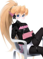 1girl :o absurdres alternate_costume belt blonde_hair blue_eyes bodystocking breasts chair choker ciel_(mega_man) commission commissioner_upload digital_hazard eyelashes fauron714 fishnets frilled_shirt frilled_sleeves frills gloves hair_ornament handheld_game_console highres long_hair long_sleeves looking_at_viewer mechanical_ears mega_man_(series) mega_man_zero_(series) no_headwear non-web_source ponytail shirt shorts sitting small_breasts steam_deck thighs transparent_background