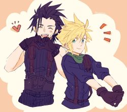 Rule 34 | 0mame00mame0, 2boys, belt, black hair, blonde hair, blue eyes, blue shirt, blush, brown background, closed eyes, cloud strife, crisis core final fantasy vii, final fantasy, final fantasy vii, gloves, green neckwear, heart, heart hands, long sleeves, male focus, multiple boys, open mouth, own hands together, shinra infantry uniform, shirt, short hair, sleeveless, sleeveless turtleneck, sleeves rolled up, smirk, spiked hair, square enix, stretching, suspenders, turtleneck, upper body, zack fair