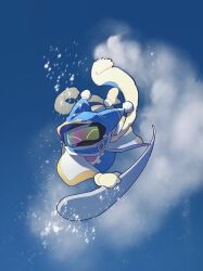 Rule 34 | 1boy, aluuuuu721, blue sky, closed eyes, commentary request, disembodied limb, gloves, goggles, highres, kirby (series), magolor, male focus, nintendo, pom pom (clothes), rayman limbs, scarf, sky, snowboard, snowboarding, solo