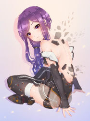 Rule 34 | 1girl, bare back, bare shoulders, black thighhighs, blush, detached sleeves, fangxiang cuoluan, full body, highres, indian style, long hair, looking at viewer, mecha musume, original, purple eyes, purple hair, sitting, solo, thighhighs