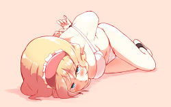 Rule 34 | 1girl, alice margatroid, arms behind back, bad id, bad pixiv id, bdsm, blonde hair, blue eyes, blush, bondage, bound, bound wrists, bra, breasts, headband, highres, medium breasts, navel, non (z-art), open mouth, panties, pink background, short hair, simple background, solo, touhou, underwear