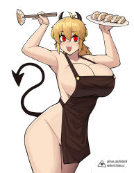 Rule 34 | 1girl, :d, apron, arms up, blonde hair, breasts, character request, chopsticks, copyright request, curvy, demon girl, demon horns, demon tail, donburi (donburikazoku), fangs, food, holding, holding chopsticks, holding plate, horns, huge breasts, naked apron, nikaidou (dorohedoro), open mouth, plate, red eyes, simple background, smile, solo, standing, tail, white background