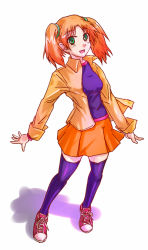 Rule 34 | 1girl, coat, e20, full body, green eyes, nakano minori, orange hair, original, shadow, shoes, simple background, skirt, solo, standing, thighhighs, twintails