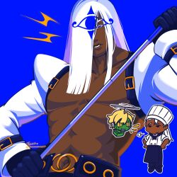 Rule 34 | 2boys, abs, absurdres, black gloves, blonde hair, blue background, blue eyes, chef, chef hat, dark-skinned male, dark skin, disembodied head, gloves, guilty gear, guilty gear xrd, hair over one eye, hat, highres, holding cue stick, humanoid robot, key in head, long hair, long sleeves, looking at viewer, male focus, multiple boys, navel, nnoonrabbit, object through head, parted lips, robo-ky, robot, short hair, simple background, toque blanche, upper body, venom (guilty gear), white hair