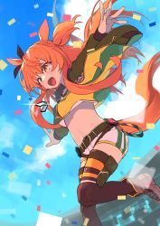 Rule 34 | 1girl, animal ears, belly, blush, bomber jacket, confetti, highres, horse ears, horse tail, jacket, leg up, mayano top gun (umamusume), midriff, negi (ulog&#039;be), orange hair, outstretched arms, shorts, sky, spread arms, tail, thighhighs, umamusume, yellow eyes