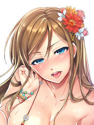 Rule 34 | 1girl, blush, bracelet, breasts, brown hair, cropped, drooling, flower, hair flower, hair ornament, hairpin, jewelry, large breasts, long hair, looking at viewer, nail polish, naughty face, open mouth, original, redrop, saliva, simple background, solo, sweat, tongue, tongue out