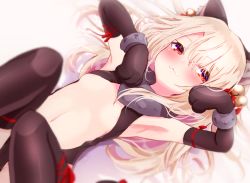 Rule 34 | 1girl, :3, animal ears, animal hands, areola slip, armpits, baram, bell, black gloves, black thighhighs, blonde hair, commentary, elbow gloves, fate/kaleid liner prisma illya, fate (series), fur collar, gloves, hair bell, hair between eyes, hair ornament, hair spread out, illyasviel von einzbern, jingle bell, long hair, looking at viewer, navel, paw gloves, red eyes, smile, solo, stomach, thighhighs