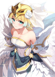 Rule 34 | 1girl, bare shoulders, blonde hair, blue eyes, blue gemstone, blue hair, breasts, bridal veil, cleavage, commentary request, crown, dress, earrings, elbow gloves, fire emblem, fire emblem heroes, fjorm (bridal) (fire emblem), fjorm (fire emblem), flower, from above, gem, glint, gloves, gold trim, gradient hair, hair flower, hair ornament, highres, jewelry, looking at viewer, multicolored hair, nakabayashi zun, nintendo, official alternate costume, redrawn, short hair, simple background, solo, strapless, strapless dress, veil, wedding dress, white dress, white flower, white gloves