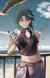 Rule 34 | 1boy, 329kome, ahoge, arm tattoo, bird, bottle, closed mouth, cloud, commission, day, ear piercing, facial mark, forehead mark, genshin impact, green hair, hand in pocket, highres, holding, holding bottle, jewelry, looking at viewer, male focus, multicolored hair, navel, necklace, ocean, outdoors, piercing, shorts, skeb commission, sky, solo, tattoo, twitter username, vision (genshin impact), water bottle, xiao (genshin impact), yellow eyes