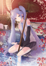 Rule 34 | 1girl, absurdres, aqua eyes, aqua hair, aqua necktie, autumn, autumn leaves, bare legs, barefoot, black skirt, closed mouth, collared shirt, commentary request, detached sleeves, fish, full body, hatsune miku, highres, koi, long hair, long sleeves, looking at viewer, necktie, oil-paper umbrella, outdoors, pleated skirt, pond, shirt, sidelocks, sitting, sitting on water, skirt, sleeves past fingers, sleeves past wrists, smile, solo, sunlight, tattoo, twintails, umbrella, very long hair, vest, vocaloid, wide sleeves, yuzuaji