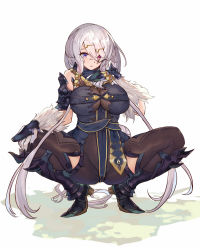 Rule 34 | 1girl, armor, atelier (series), atelier ryza, atelier ryza 1, bare shoulders, belt, black nails, blue belt, bodysuit, breasts, brown bodysuit, commentary request, crossed bangs, fur, hair ornament, hairclip, hand on own knee, heterochromia, high heels, highres, large breasts, lila decyrus, long hair, low twintails, nail polish, open mouth, pale skin, silver hair, spread legs, squatting, twintails, very long hair, white crow