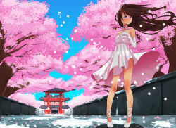 Rule 34 | 1girl, ankle lace-up, bad id, bad pixiv id, brown hair, cherry blossoms, clothes lift, cross-laced footwear, dress, dress lift, elbow gloves, gloves, hand on own chest, highres, legs, original, purple eyes, solo, spring (season), standing, stormcow, tan, torii, wind