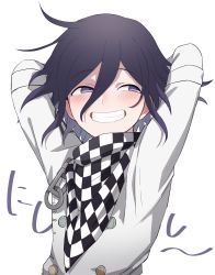 Rule 34 | 1boy, a tama (pakpak tkg), absurdres, arms behind head, arms up, black hair, blush, buttons, checkered clothes, checkered scarf, commentary request, danganronpa (series), danganronpa v3: killing harmony, double-breasted, grey jacket, grin, hair between eyes, highres, jacket, looking at viewer, male focus, oma kokichi, purple eyes, scarf, sideways glance, simple background, smile, solo, straitjacket, teeth, translation request, upper body