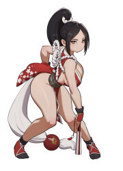 Rule 34 | 1girl, arm guards, bare shoulders, breasts, bright pupils, brown eyes, brown hair, closed mouth, commentary, folded fan, folding fan, full body, hand fan, high ponytail, highres, holding, holding fan, japanese clothes, knees together feet apart, large breasts, long hair, looking at viewer, ninja, pelvic curtain, ponytail, rope, shiny skin, shiranui mai, sideboob, simple background, sincostan0148, solo, the king of fighters, the king of fighters xv, thighs, white background, white pupils