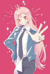 Rule 34 | 1girl, black pants, blue shirt, blush, chainsaw man, collared shirt, fang, fangs, gocue 10 5, hair between eyes, horns, long hair, necktie, open mouth, pants, pink background, pink hair, power (chainsaw man), red eyes, sharp teeth, shirt, shirt partially tucked in, shirt tucked in, smile, solo, sparkle, teeth, unusual pupils, v, white shirt