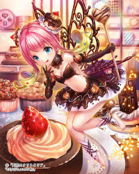 Rule 34 | 1girl, :p, ankle cuffs, barefoot, blonde hair, blue eyes, cake, chocolate, chocolate clothes, collar, cupcake, elbow gloves, fairy, food, gloves, hobak, icing, long hair, multicolored hair, navel, pink hair, pointy ears, skirt, smile, solo, sprinkles, staff, tenkuu no crystalia, tongue, tongue out, two-tone hair, wings