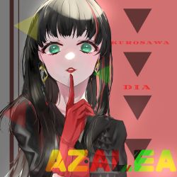 Rule 34 | 1girl, artist name, artist request, azalea (love live!), black dress, black hair, blunt bangs, breasts, buttons, collarbone, dress, earrings, female focus, finger to mouth, green eyes, grey background, hair over shoulder, highres, himitsu no story (love live!), jewelry, kurosawa dia, long hair, long sleeves, looking at viewer, love live!, love live! school idol festival, love live! sunshine!!, mole, mole under mouth, multicolored hair, red background, red dress, red lips, shorts under dress, small breasts, solo, teeth, the secret story (love live!), triangle print, two-tone background, two-tone dress, upper body, we&#039;ll get the next dream (love live!)
