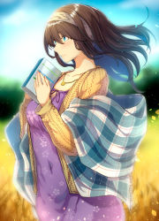 Rule 34 | 1girl, blue eyes, blue sky, blurry, blurry background, blush, book, breasts, brown hair, brown sweater, cardigan, closed mouth, collarbone, covered navel, dress, floral print, hair between eyes, hairband, holding, holding book, idolmaster, idolmaster cinderella girls, jewelry, large breasts, long hair, necklace, nohito, open cardigan, open clothes, purple dress, sagisawa fumika, shawl, sky, smile, solo, sweater