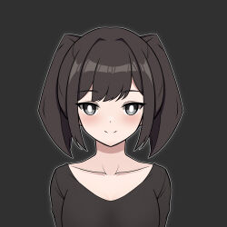 Rule 34 | 1girl, black background, black hair, black shirt, blush, breasts, cleavage, closed mouth, collarbone, commentary request, grey eyes, highres, looking at viewer, medium breasts, original, rock zinc, shirt, simple background, smile, solo, twintails, upper body