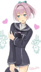 Rule 34 | &gt;:o, 1girl, :o, artist name, blue eyes, blush, commentary, cosplay, doodle, dress, hat, unworn hat, unworn headwear, heart, heart-shaped eyes, highres, holding, holding clothes, holding hat, kantai collection, long sleeves, looking away, neckerchief, pink hair, ponytail, rensouhou-kun, retorillo, sailor collar, sailor dress, shiranui (kancolle), sketch, v-shaped eyebrows, white background, z3 max schultz (kancolle), z3 max schultz (kancolle) (cosplay)