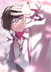 Rule 34 | 1boy, arm up, bishounen, blurry, blurry background, cardigan, cherry blossoms, collared shirt, day, ear piercing, earrings, highres, ikeshi000, jewelry, light particles, light rays, long sleeves, male focus, open cardigan, open clothes, original, outdoors, outstretched hand, piercing, pink cardigan, ring, school uniform, shirt, short hair, solo, sparkle, stud earrings, upper body, white shirt