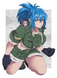 Rule 34 | 1boy, 1girl, black gloves, blue eyes, blue hair, chibi, clenched hand, collarbone, cov hal, gloves, green jacket, green shorts, hay, jacket, leona heidern, looking at viewer, military, military uniform, original, ponytail, shorts, squatting, suspenders, the king of fighters, uniform