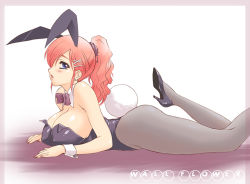Rule 34 | 1girl, animal ears, bare shoulders, blue eyes, blush, breasts, cleavage, earrings, fake animal ears, high heels, huge breasts, jewelry, kuroda akimi, lipstick, lying, makeup, nail polish, on stomach, pantyhose, pink hair, pink nails, playboy bunny, ponytail, rabbit ears, rabbit tail, shoes, solo, tail