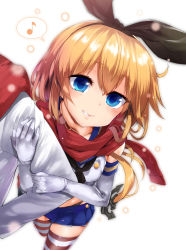 Rule 34 | 10s, 1boy, 1girl, admiral (kancolle), anchor, blonde hair, blue eyes, blush, elbow gloves, gloves, hairband, happy, highres, kantai collection, karochii, locked arms, long hair, looking at viewer, note, personification, scarf, school uniform, shimakaze (kancolle), skirt, snow, striped clothes, striped thighhighs, thighhighs, white gloves, winter